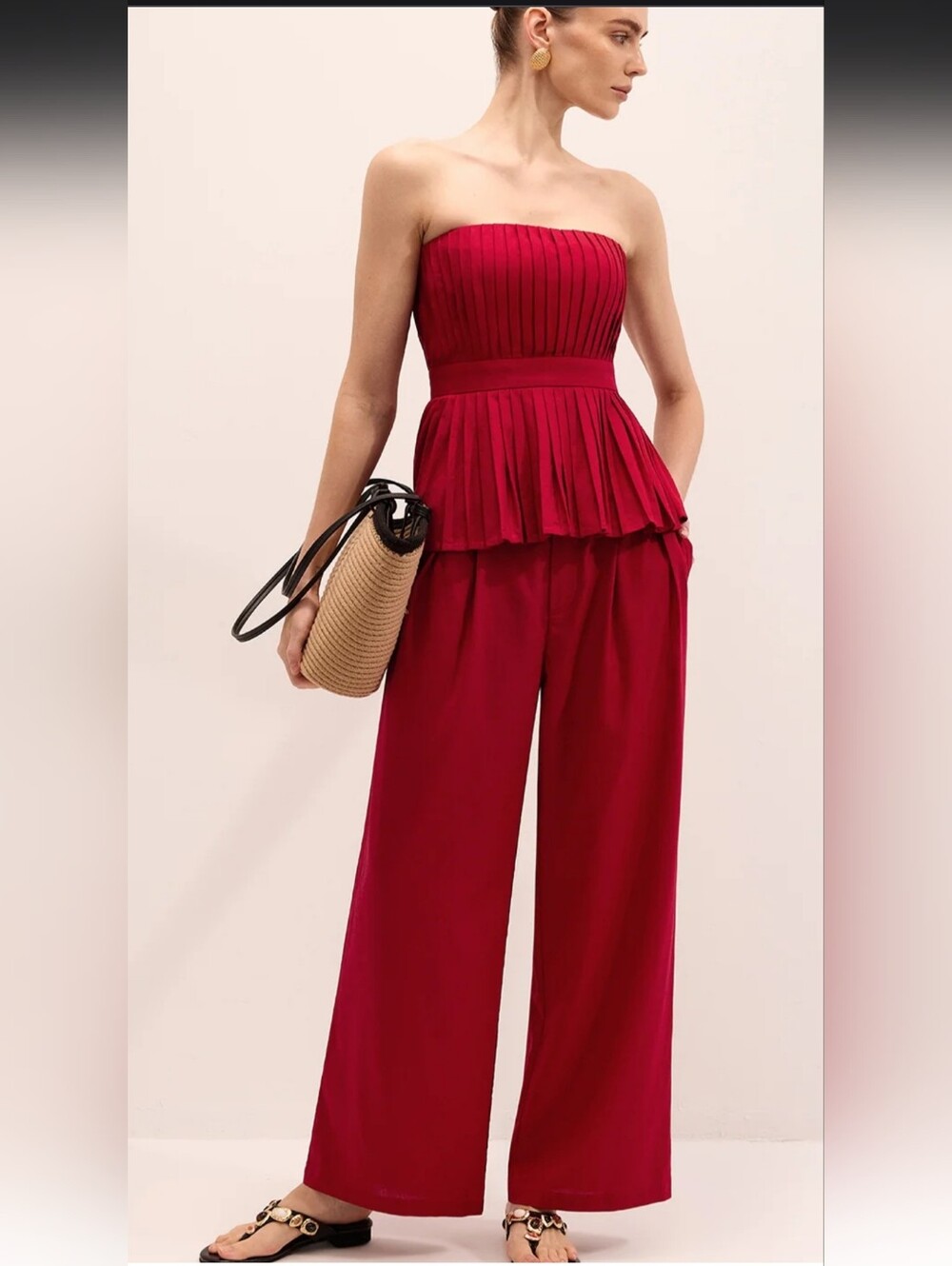 Commense Strapless Pleated Linen Blend Top & Pants Set